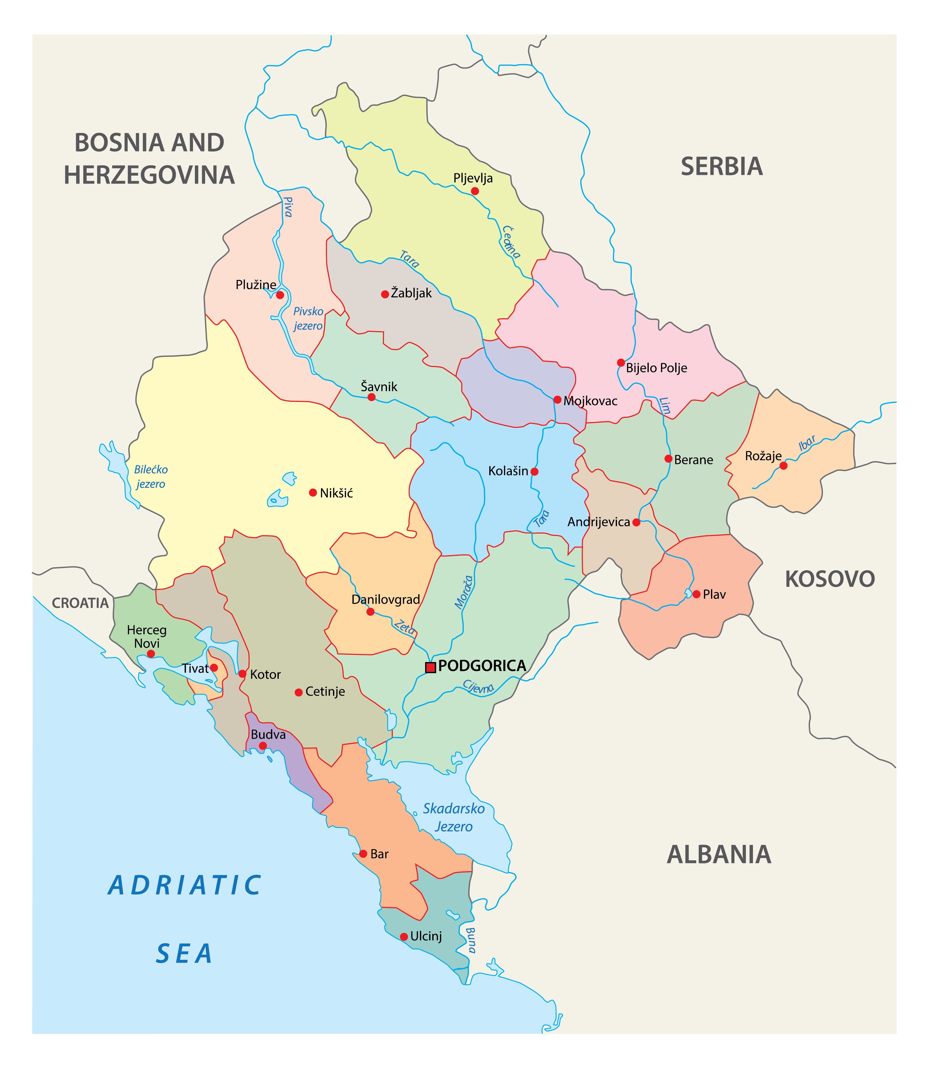 Municipalities Of Montenegro Map represented in different colors