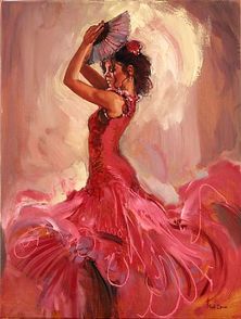 A pink-colored dress-wearing dancer performing flamenco art dance