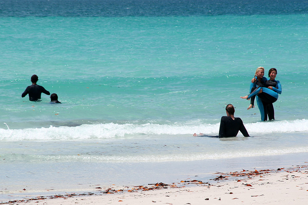Some people, wearing black and blue wetsuits, playing on Australia Whitehaven beach