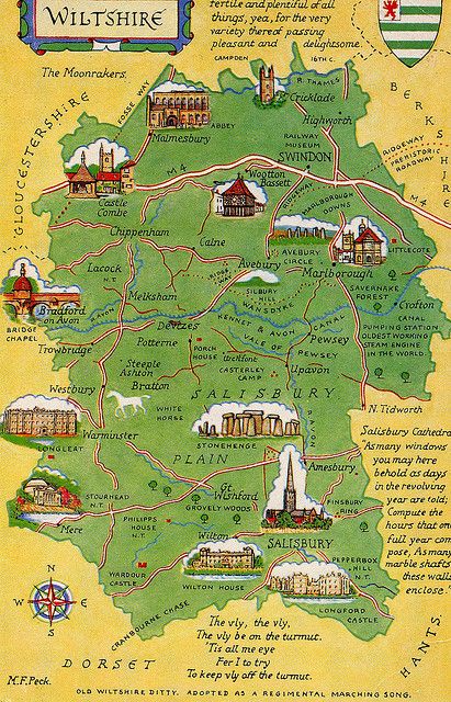 Yellow and green colored Wiltshire Stonehenge map