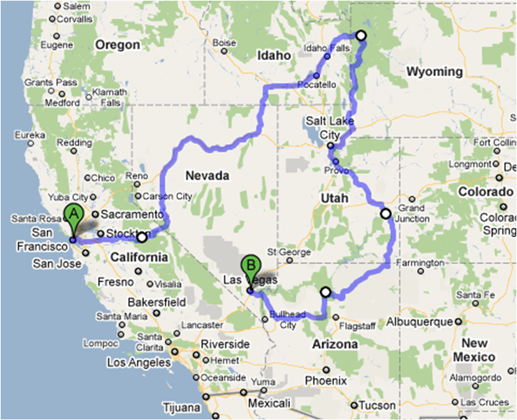 Map of trip sw usa with blue outline for a direction