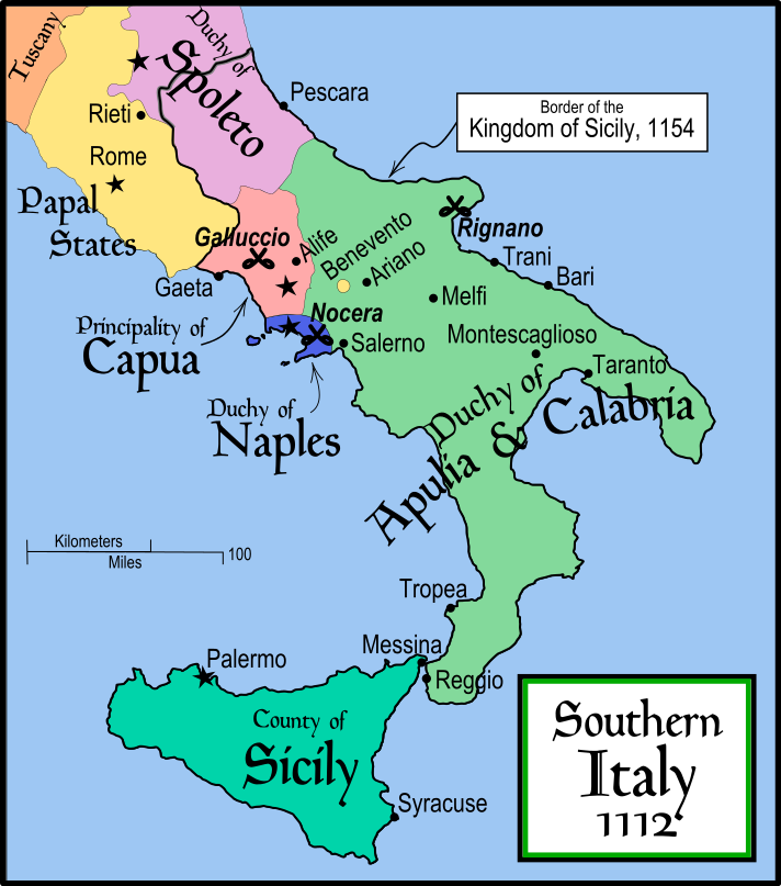 Color-coded Map Of Southern Italy  and its regions