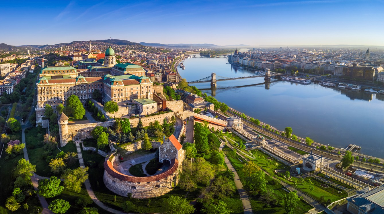 The famous Danube River in Budapest City Views of nature and buildings on the river