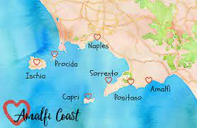Blue and skin colored south amalfi coast italy map