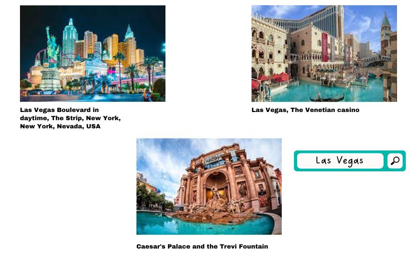Three photos of the best tourist spots in Las Vegas, including the boulevard, Venetian casino, and fountain
