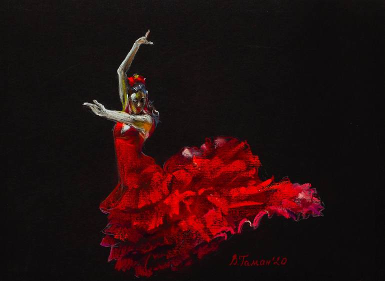 Red dress wearing girl performing flamenco drawing