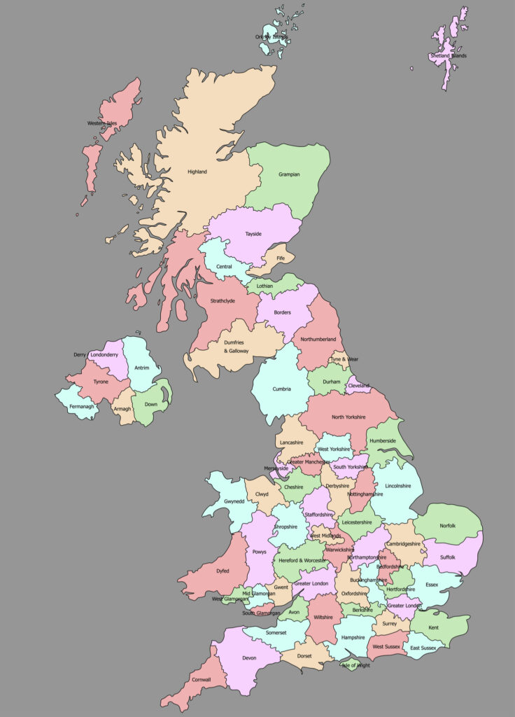 Multi-colored highlighted political map of UK
