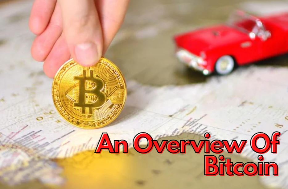 A map and a hand holding a bitcoin with the words an overview of bitcoin
