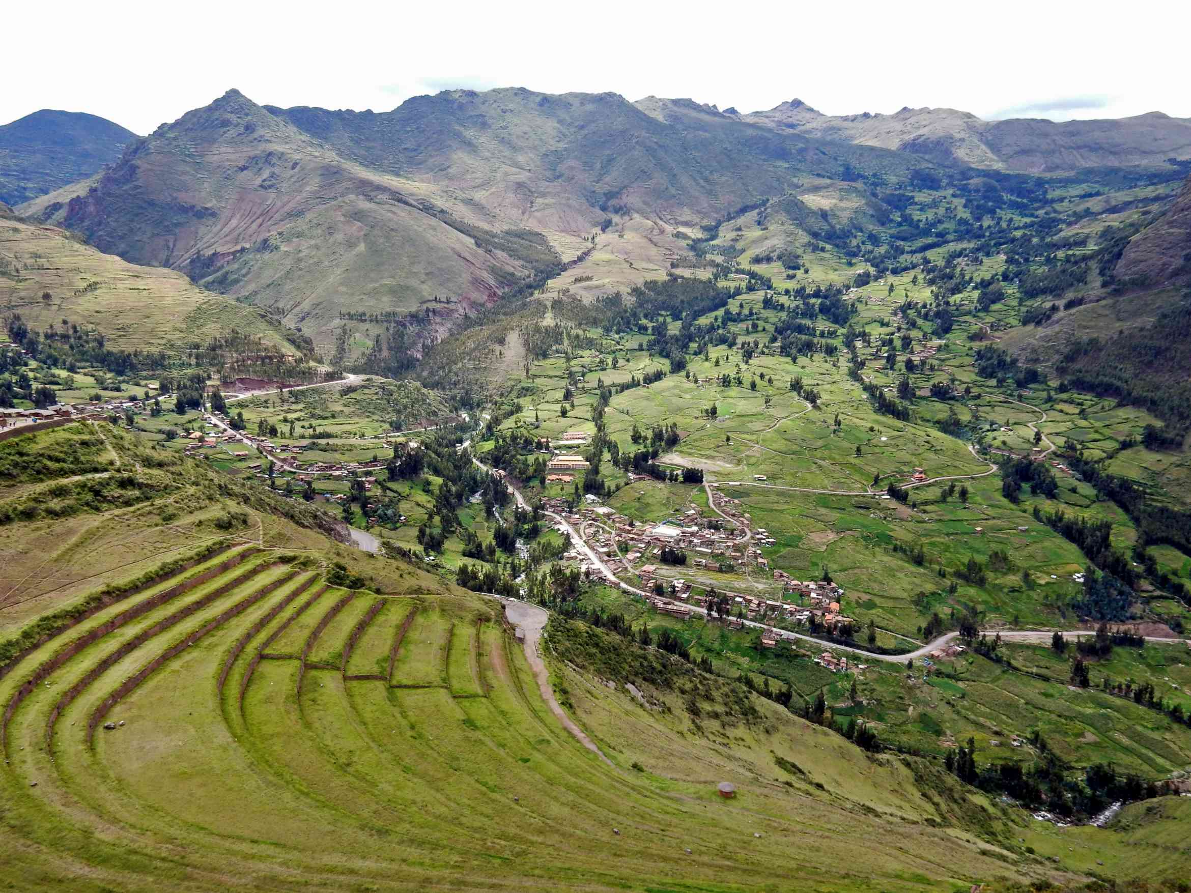 The terraces farm area of Pisac with some old houses 