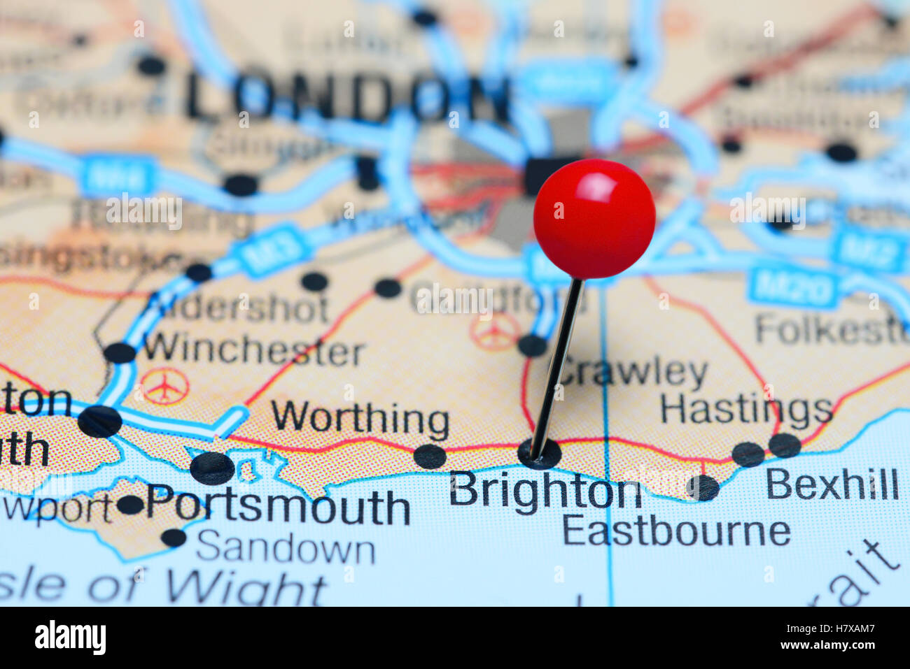 Brighton pinned on a map of England with a red pin