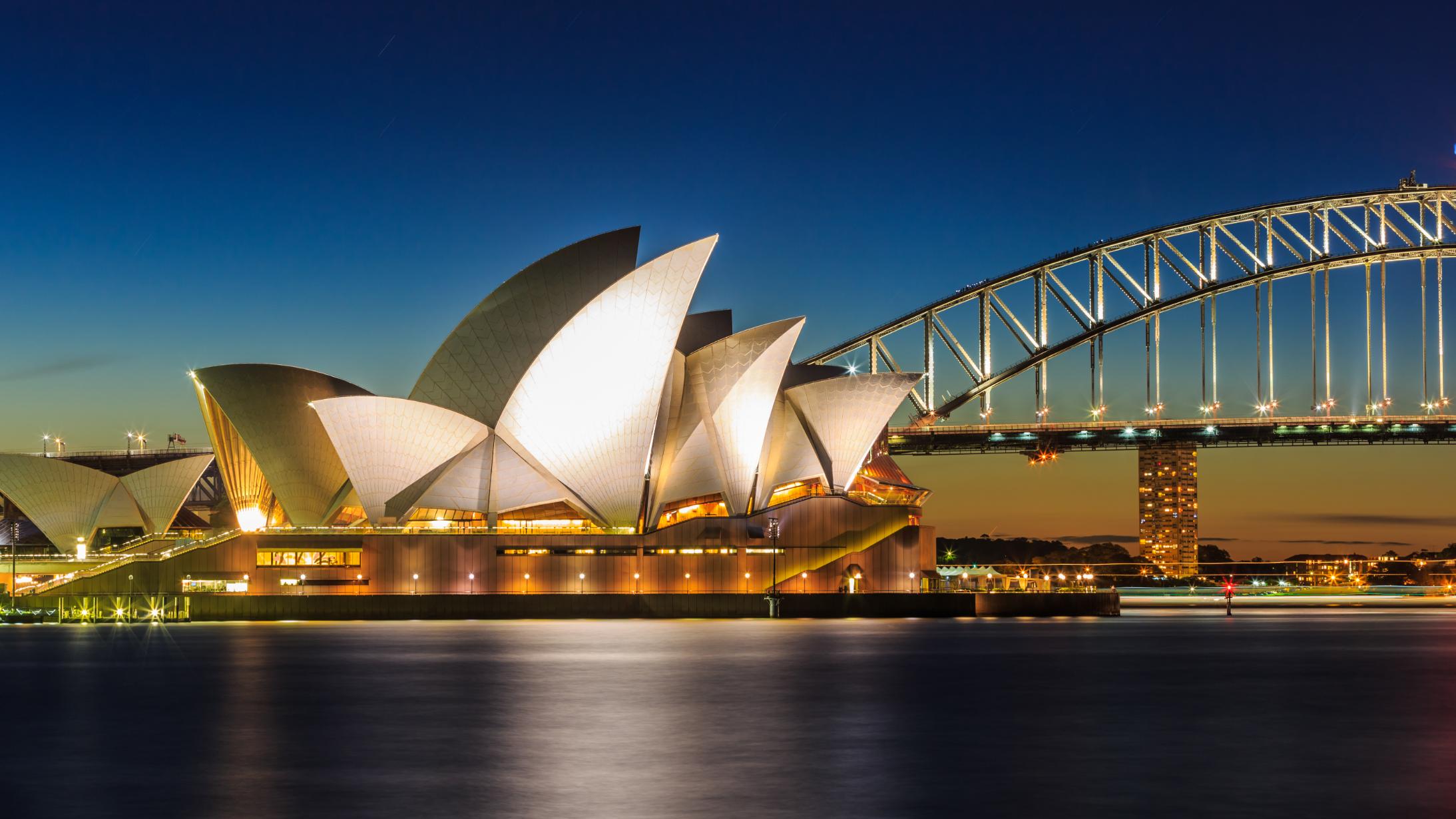 The building looks like a beautiful wing fluttering in the night light, along with a bridge with lots of lights on it. The view is from Sydney, Australia.