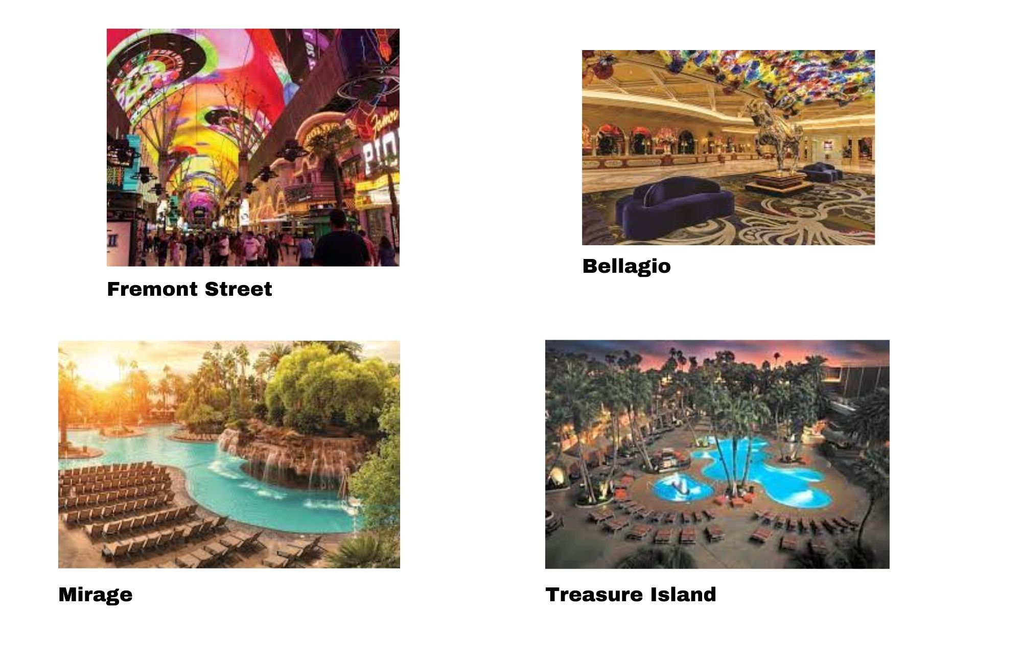 Four photos of the best beautiful spots in Las Vegas, including the Fremont street, Bellagio, and Mirage, and the famous Treasure island