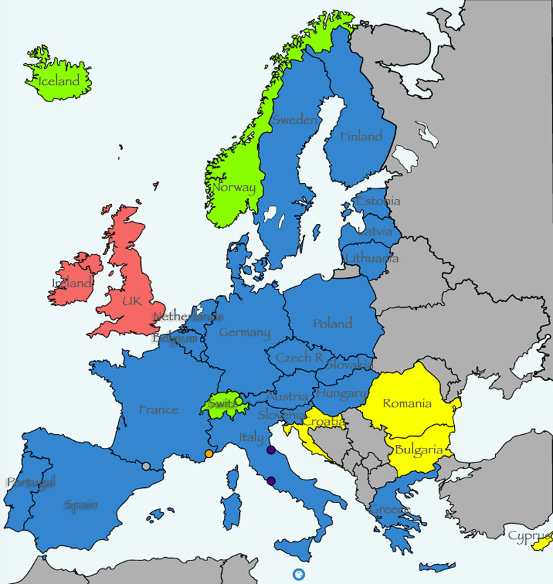 Highlighted Schengen Europe map