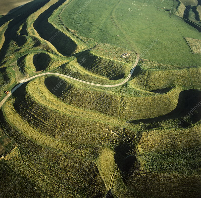 A reconstruction drawing of Maiden Castle, dating from the Iron Age 
