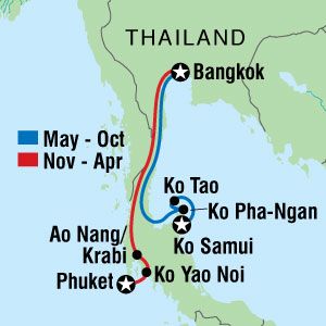 Red and blue route highlighted beaches on a green and blue colored Thailand beaches map