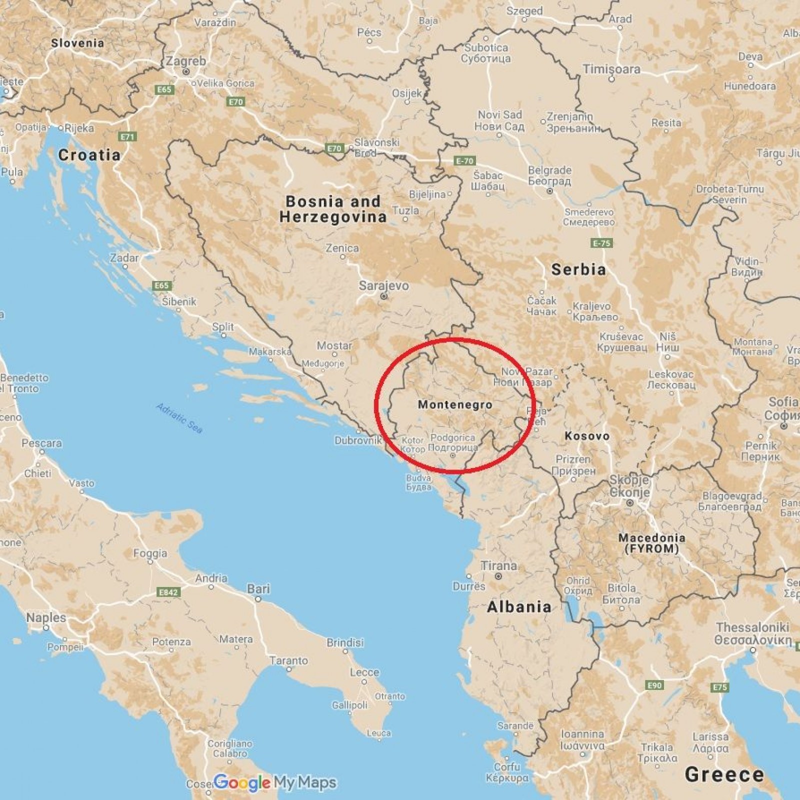 The location of Montenegro circled in red on the map with other neighboring European countries
