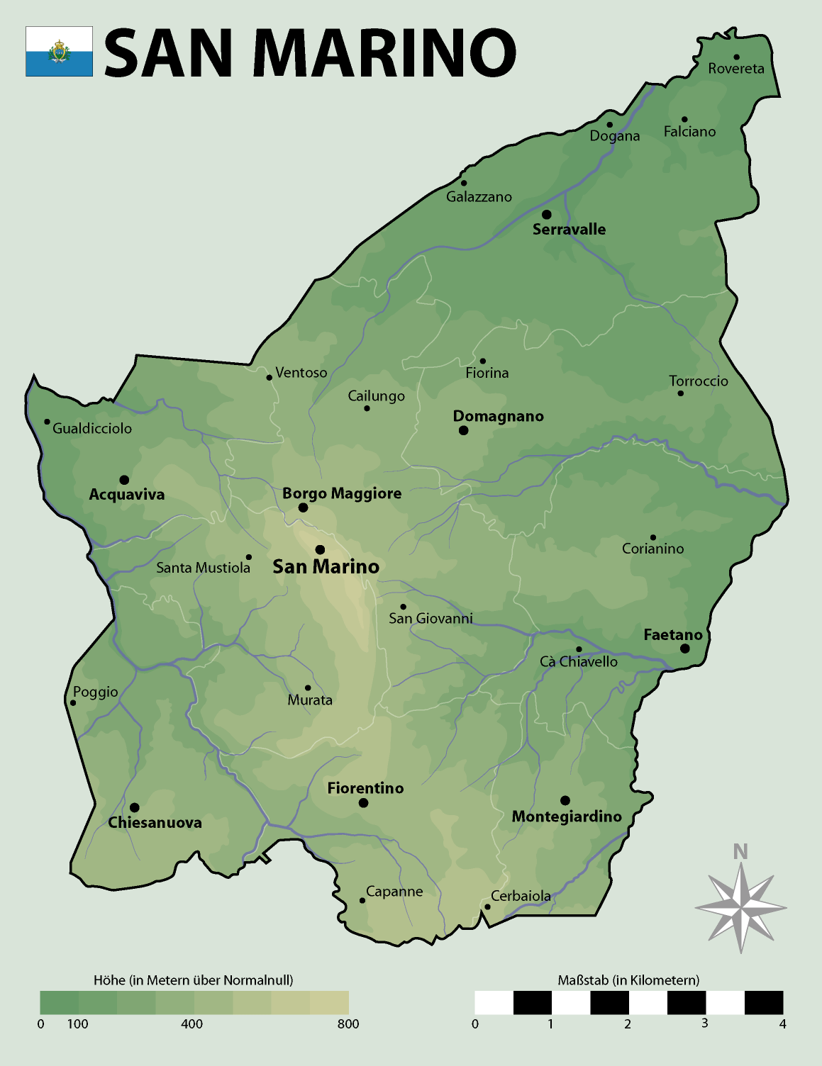 A detailed map of San marino with its main cities indicated