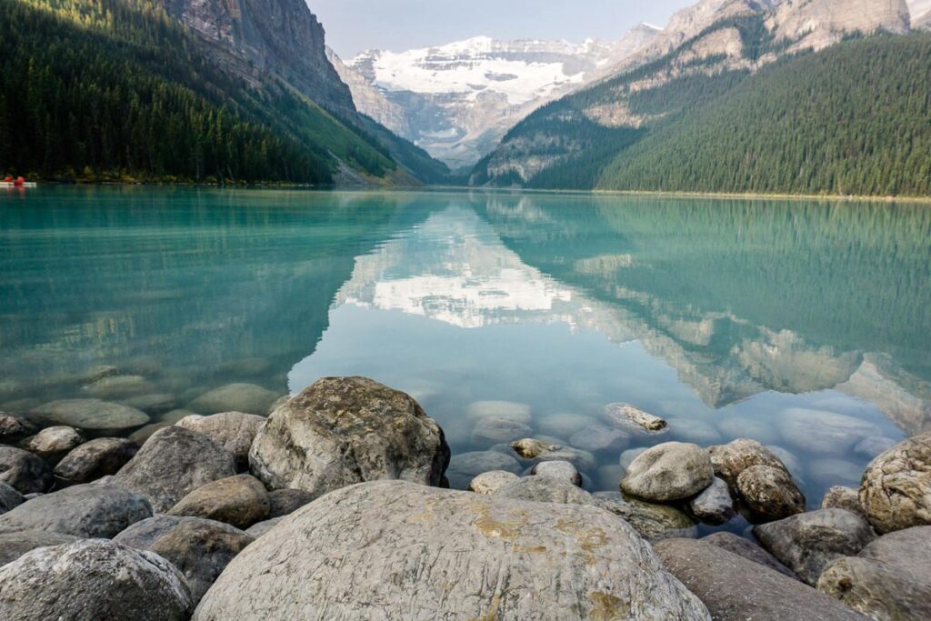 The Mount Victoria glacier reflects on Lake Louise