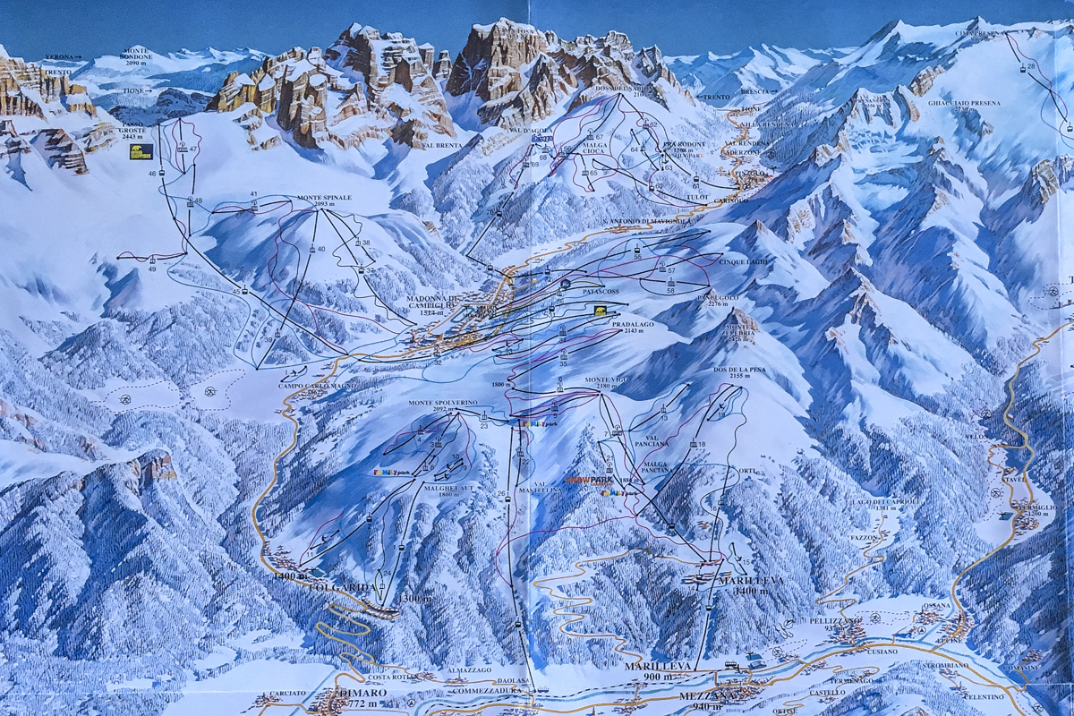 Map of The Ski area In Italy's famous Dolomite Ski Mountains
