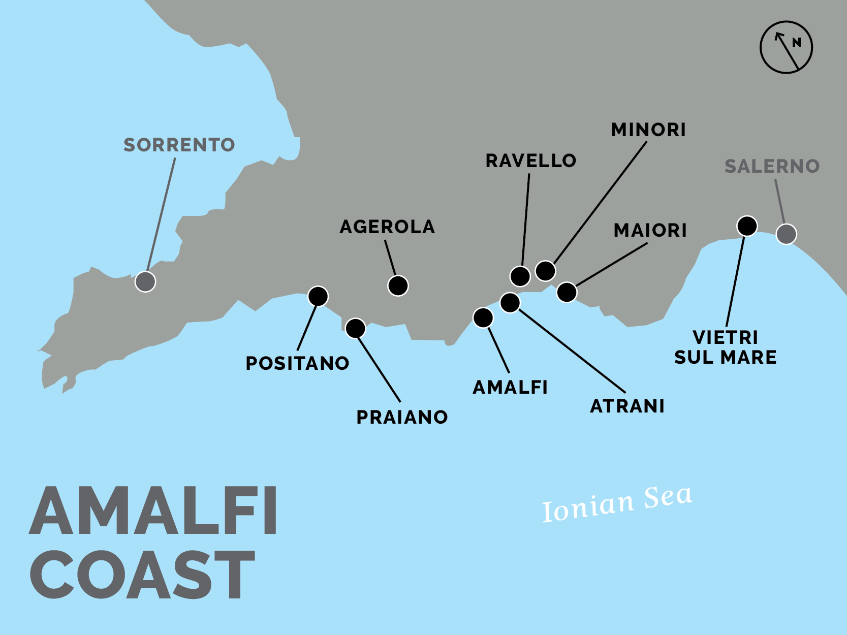 Amalfi coast map and district names