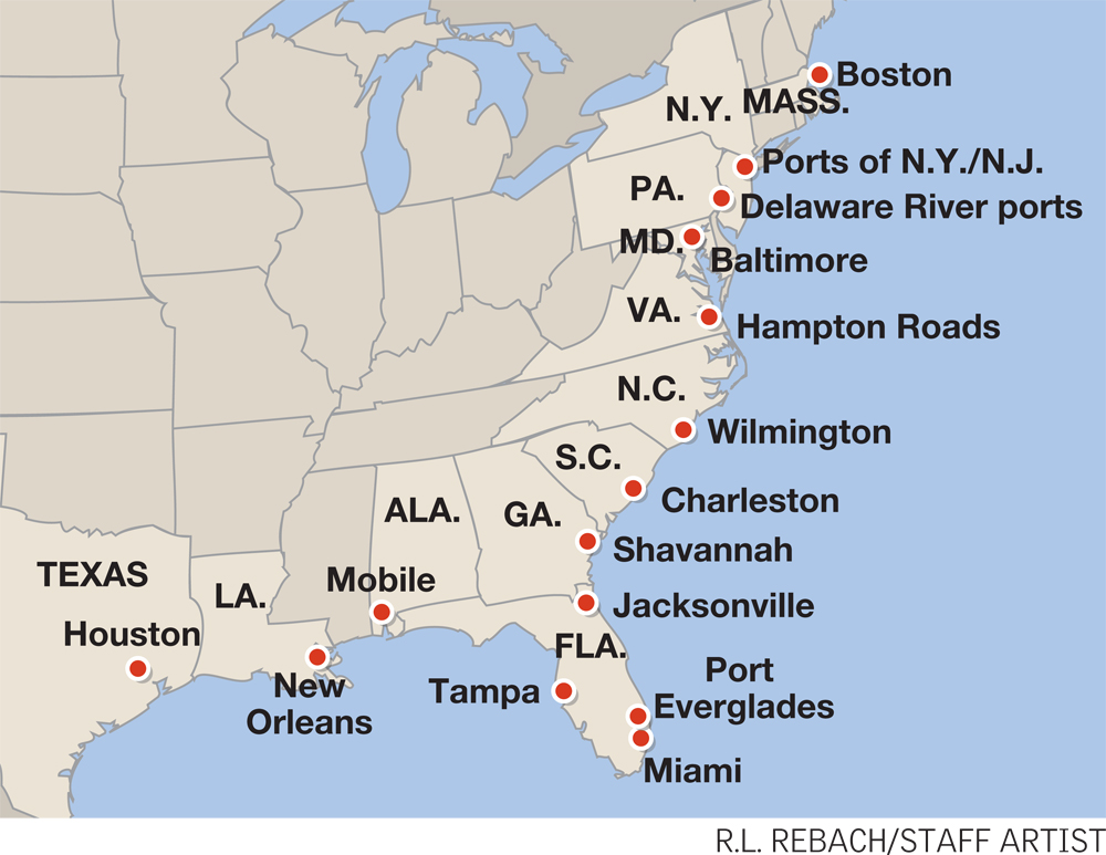 East coast map with its city names