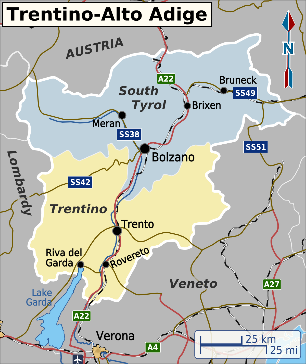 A detailed map and routes of Trentino Alto Adige Regions