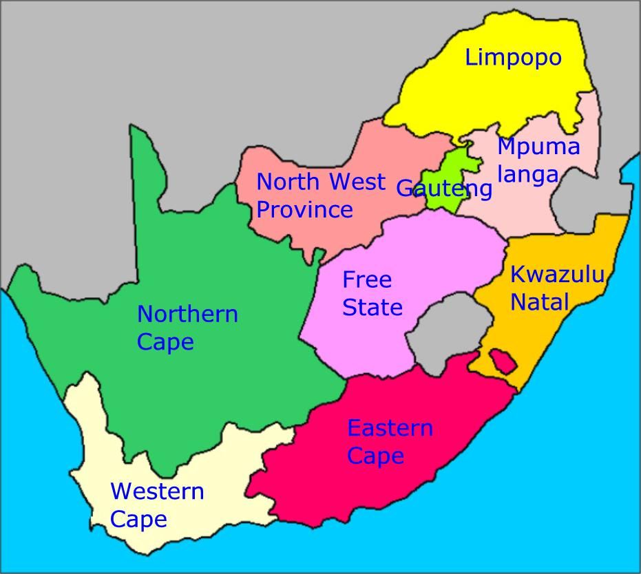 A color coded South African Map with its regions