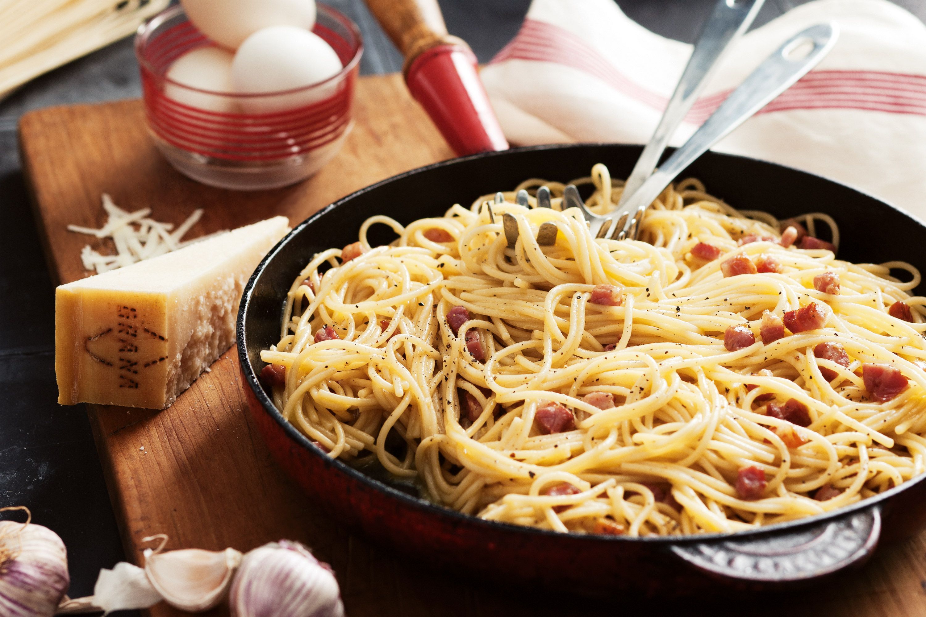 Spaghetti Alla Carbonara In a pan with some ingredients