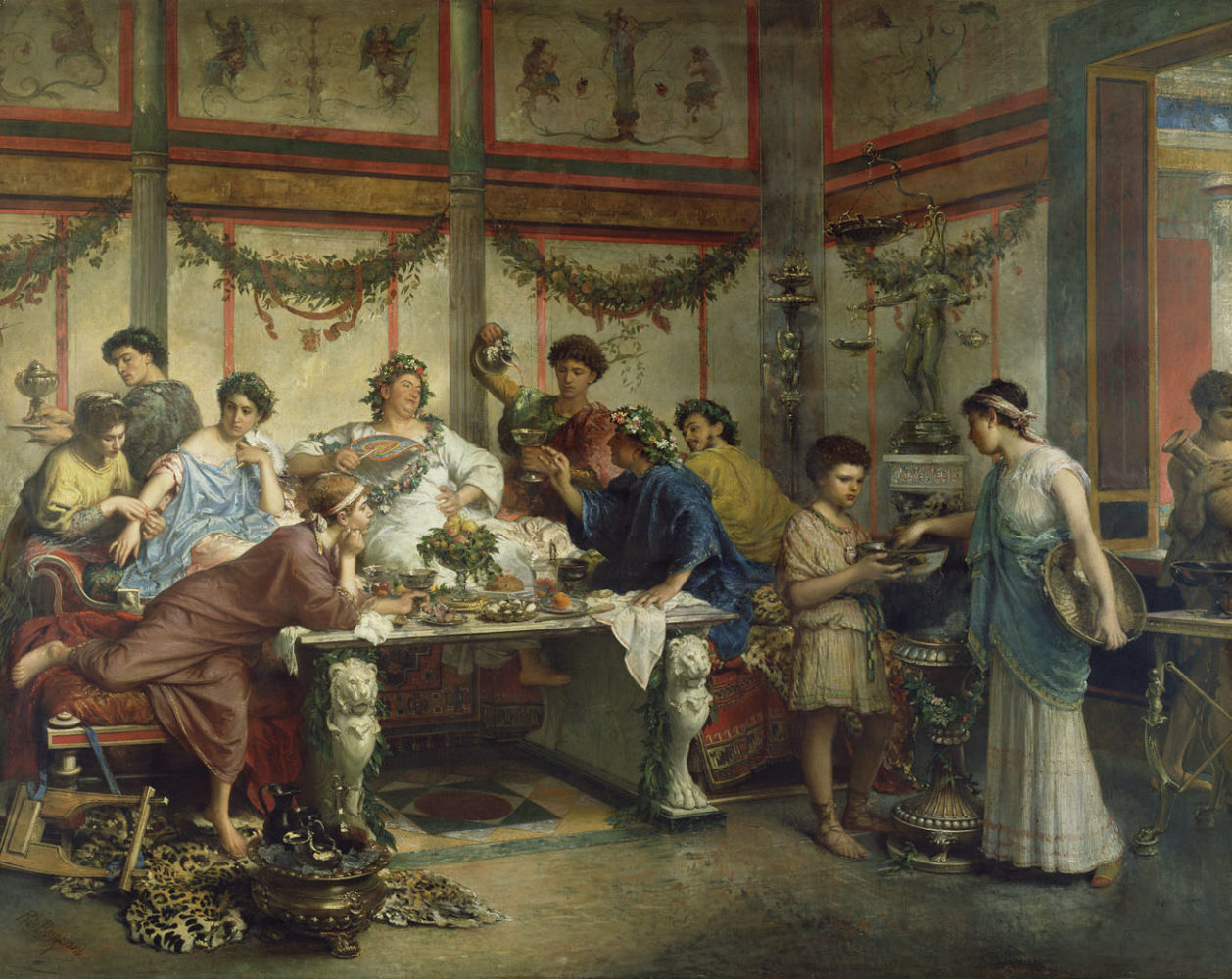 A depiction of early Romans having a feast 