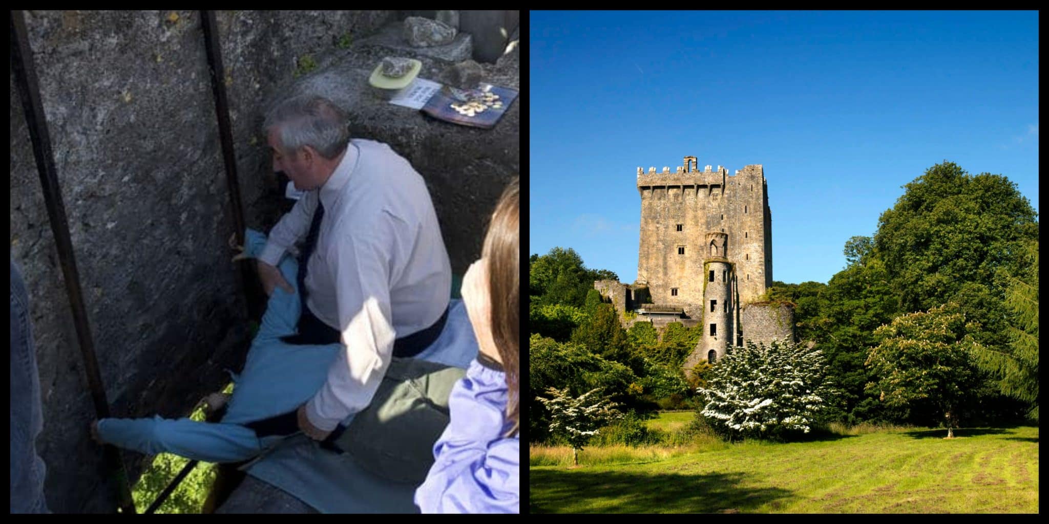 A man in blue shirt kissing Blarney Stone; Outer view of a building