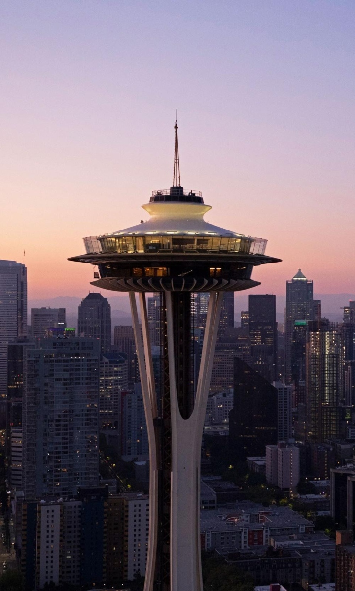 Aerial and close-up view of Seattle's Space Needle