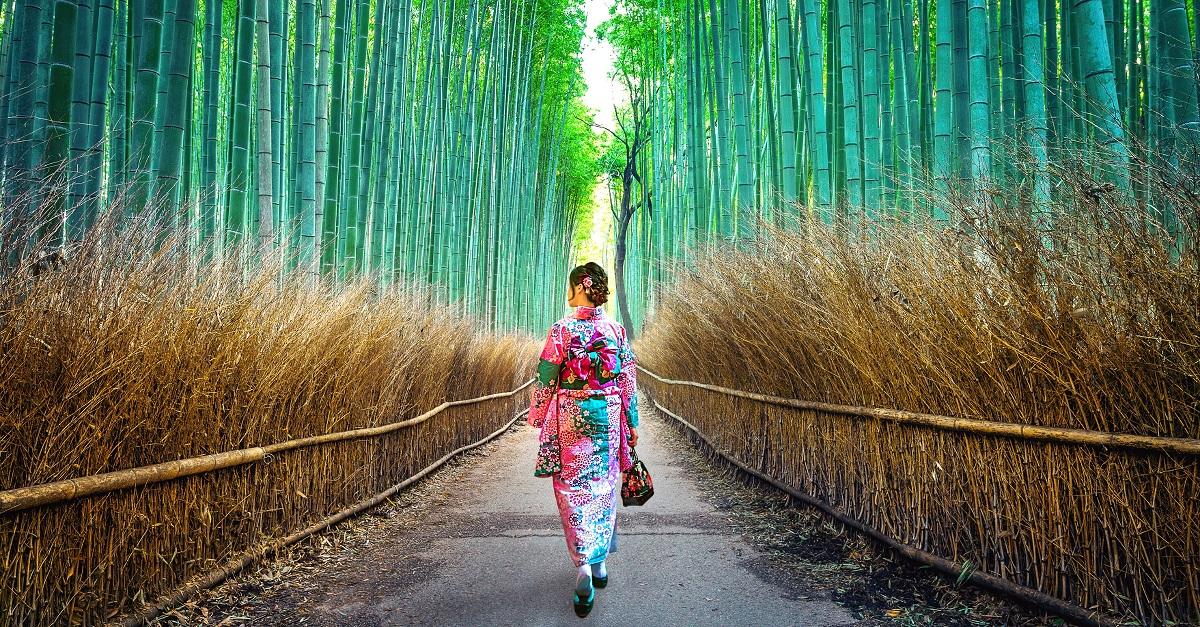 A Japanese woman in Arashiyama Bamboo Forest, Japan