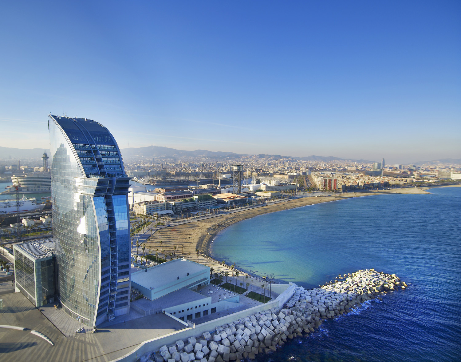 The view of W Barcelona Hotel near the city bay