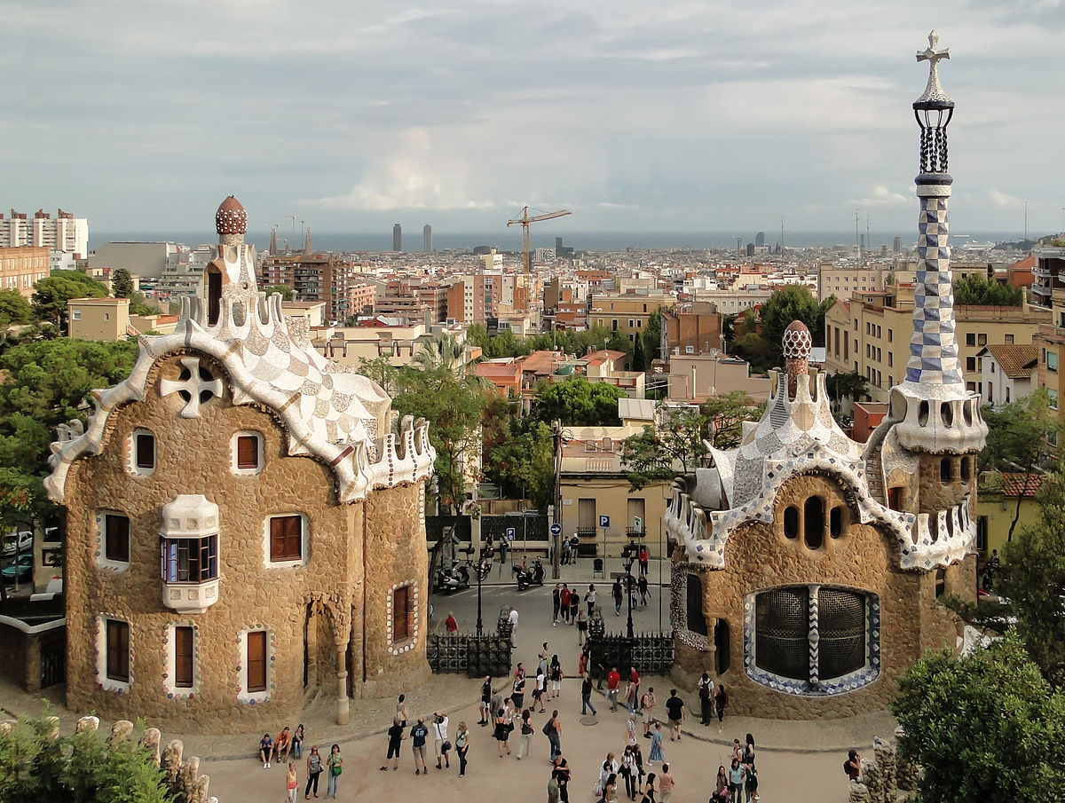Park Güell with people touring the place during daytime