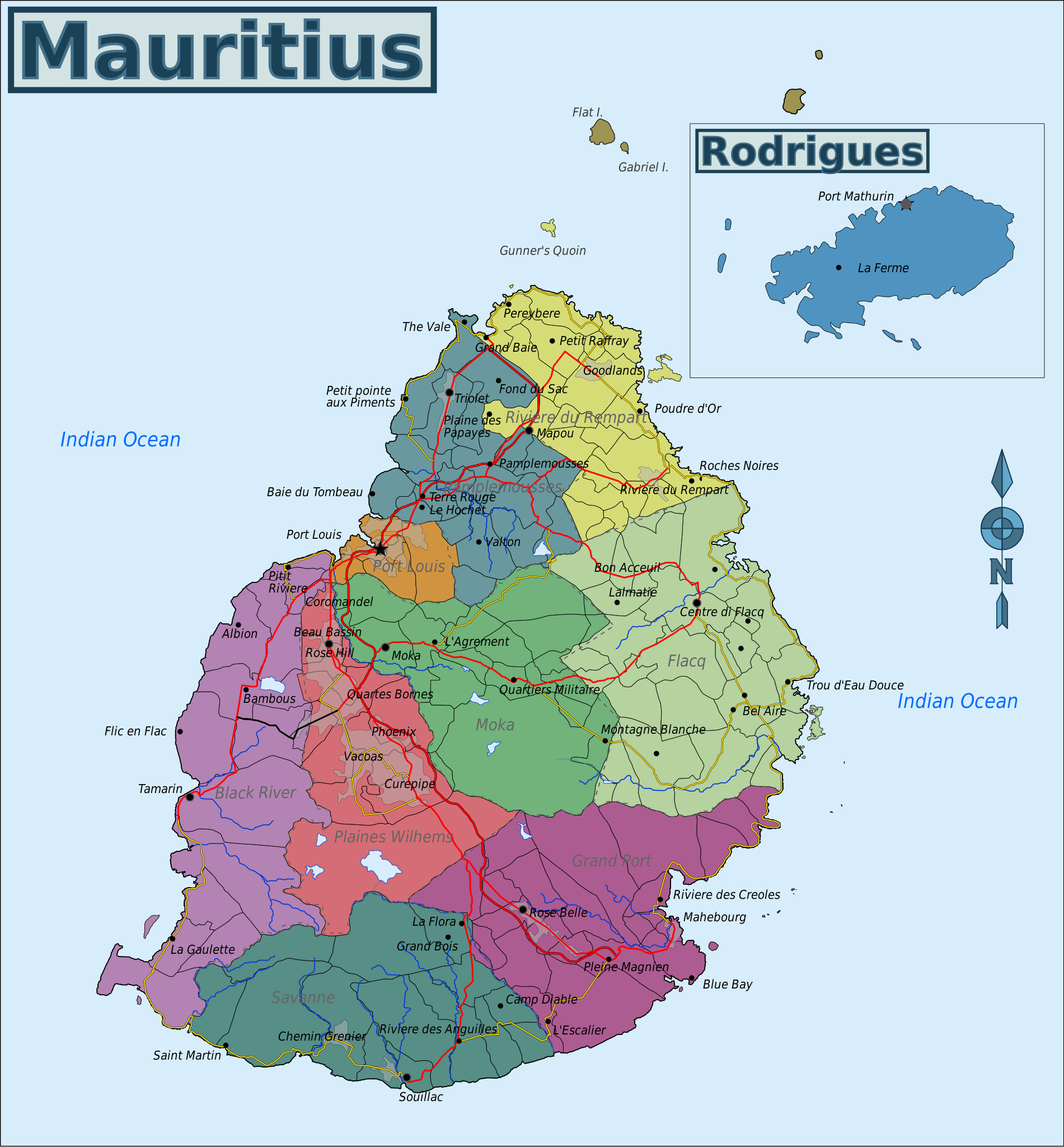A detailed map of Mauritius