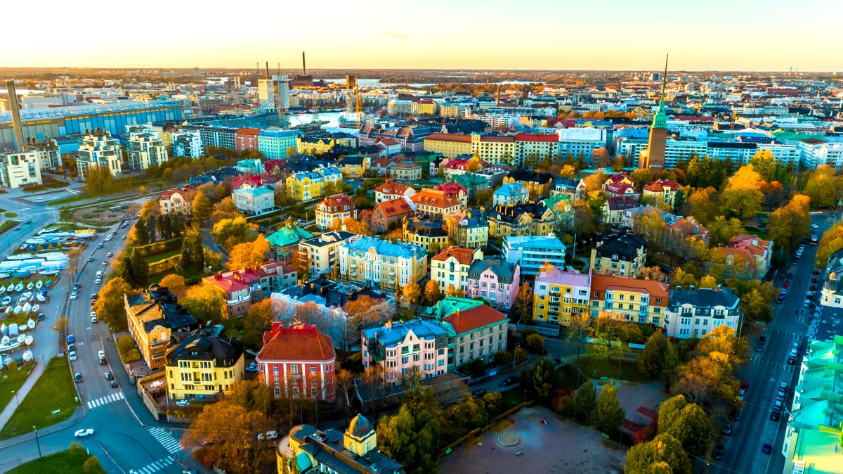 An aerial view of the colorful buildings in Helsinki, Finland