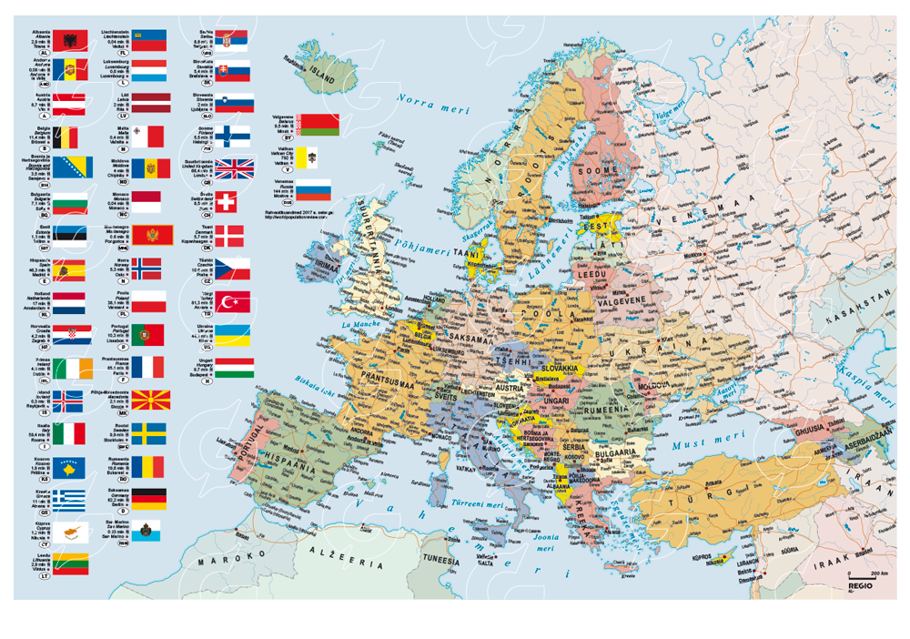 The map of Europe with the flags of the European countries on the side