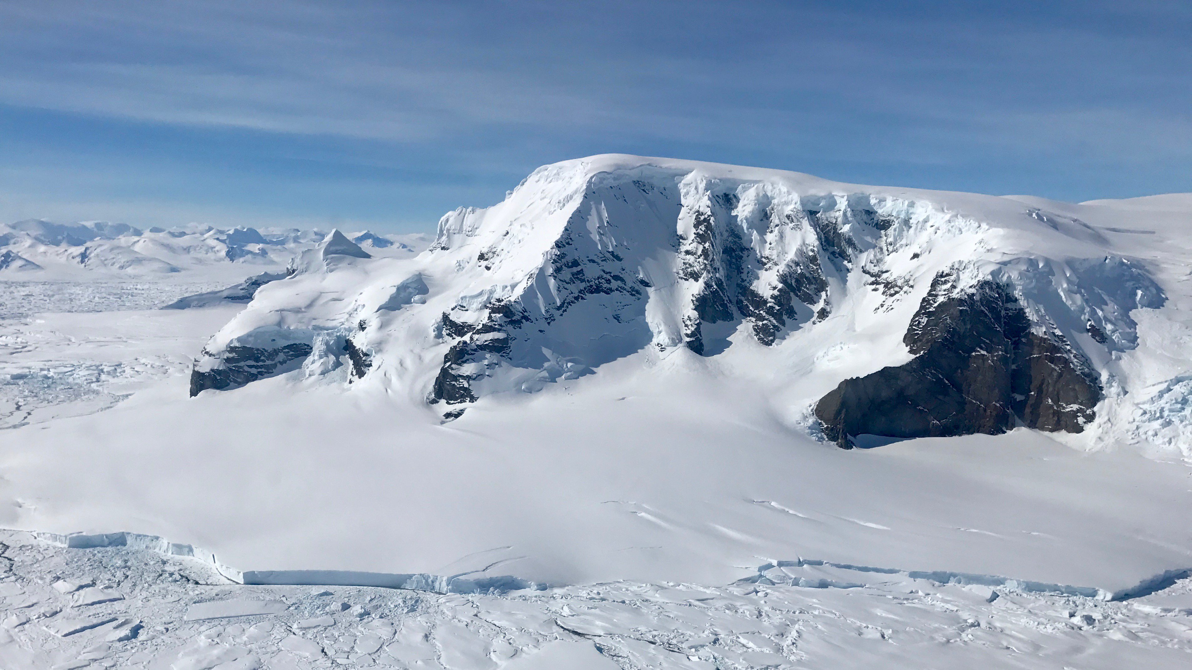 An aerial view of the mountains in Antarctica