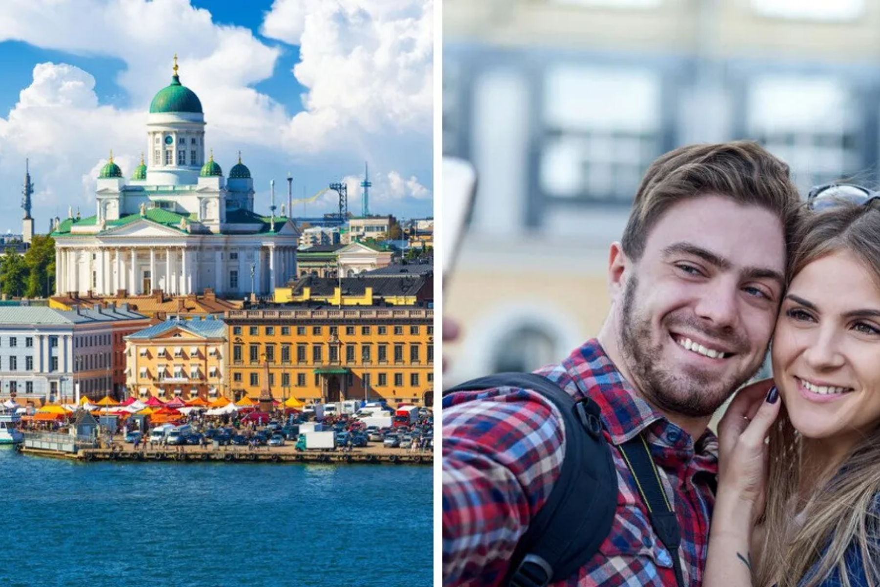 A couple taking a selfie alongside a photo of Finland