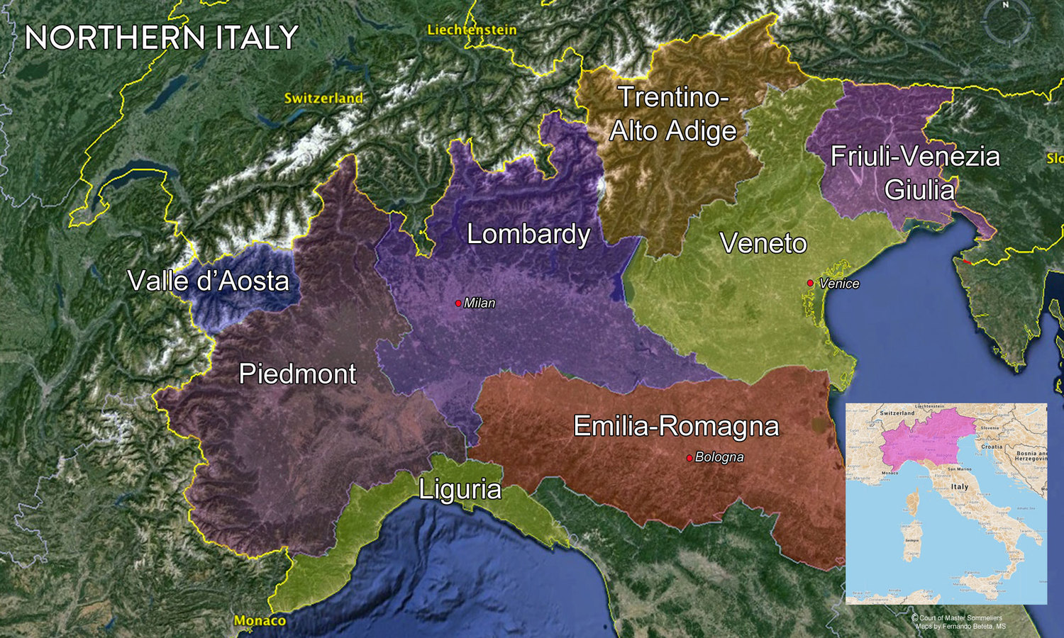 North Italy detailed and color coded regional map 